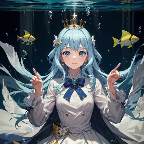 ((detailed fingers)), upper body, 1girl, white dress, transparent long sleeves, crown, hair ornament, light particles, sidelighting, wallpaper, underwater, bubbles, fishes, corals, goddess, god rays, (vibrant lighting)