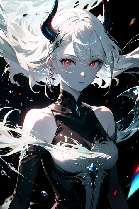 <lora:beautifulDetailedEyes_v10:1> realistic, 1girl, white hair, horns, red eyes, glowing, bare shoulders, glowing eyes, magic circle, light particles, light rays, wallpaper, demon, pale skin
