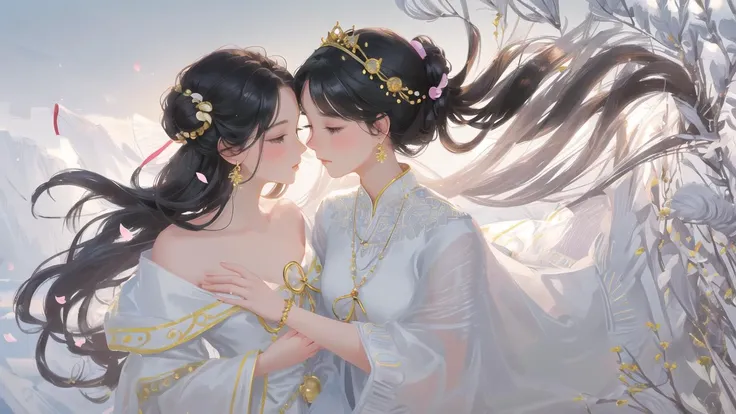 young woman,oval face,(fine fingers),seductive eyes,small mouth,
chignon or ringlets or long hair,
bracelet,earrings,bells,knots,ribbon,
backlight,facing away,
breezing,wind,
portrait,fine art,
two girls embracing each other,
lesbian,
mist,fog,romantic,petals,flower sea,
<lora:pastelMixStylizedAnime_pastelMixLoraVersion:0.5>, <lora:wlopStyleLora_v1:0.3>