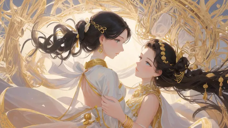 young woman,oval face,(fine fingers),seductive eyes,small mouth,
chignon or ringlets or long hair,
bracelet,earrings,bells,knots,ribbon,
backlight,facing away,
breezing,wind,
portrait,fine art,
two girls embracing each other,
minimal background,
<lora:pastelMixStylizedAnime_pastelMixLoraVersion:0.4>, <lora:wlopStyleLora_v1:0.3>