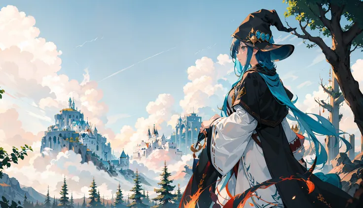 masterpiece, best quality, girl, gradient hair, wizard robe and wizard hat, in a mystical forest, colorfull, cloudy sky, far shot