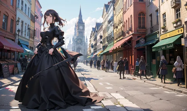 (highres, best quality, masterpiece:1.2), (realistic, photo-realistic:1.37), girl walking in gothic market, medieval, cute, detailed eyes, beautiful eyes , fullbody, looking away, girl in armor, medieval armor,