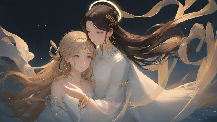 woman,oval face,(fine fingers),seductive eyes,small mouth,
chignon or long ringlets hair,
bracelet,earrings,knots,ribbon,
backlight,facing away,gazing,protrait,
lesbian,fine art,breezing,wind,
2 girls hugging each other,fog,mist,light spots,
<lora:pastelMixStylizedAnime_pastelMixLoraVersion:0.5>