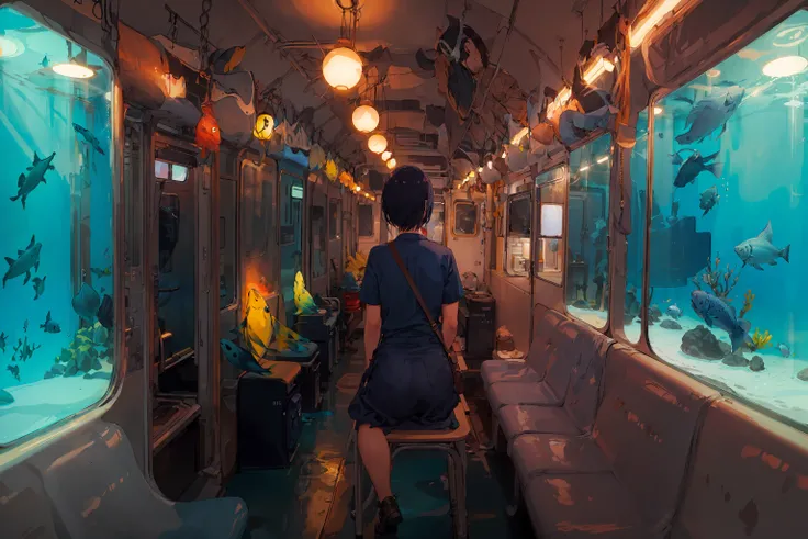 fish, blue theme, 1girl, train interior, solo, short hair, sitting, from sideview, black hair, aqua theme, indoors, bag, aquarium, facing away, window, scenery, <lora:epiNoiseoffset_v2:1>