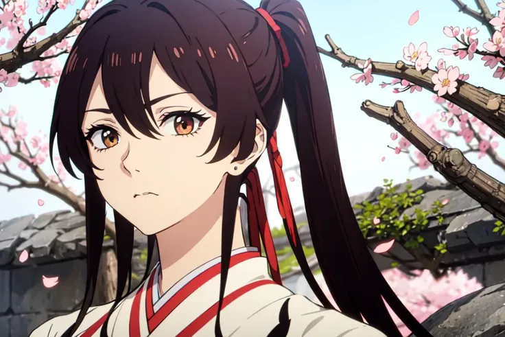 <lora:sagiriYamadaHells_v10:1>(masterpiece, best quality, ultra-detailed, best shadow), hyper detail,best illumination,8K, close-up, long hair,shiny hair,(hair flaps),brown eyes,brown_hair, shaded face, sagiri, 1girl, sad, looking at the frame, looks at the viewer,background,looks with disdain, kimono, white robe, sakura petals, forest background, katana.