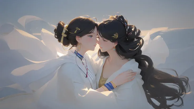 woman,oval face,(fine fingers),seductive eyes,small mouth,
chignon or long ringlets hair,
bracelet,earrings,knots,ribbon,
backlight,facing away,gazing,protrait,
lesbian,fine art,breezing,wind,
2 girls hugging each other,fog,mist,light spots,
<lora:pastelMixStylizedAnime_pastelMixLoraVersion:0.5>