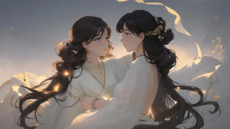 woman,oval face,(fine fingers),seductive eyes,small mouth,
chignon or long ringlets hair,
bracelet,earrings,knots,ribbon,
backlight,facing away,gazing,protrait,
lesbian,fine art,breezing,wind,
2 girls hugging each other,fog,mist,light spots,
 <lora:pastelMixStylizedAnime_pastelMixLoraVersion:0.5>