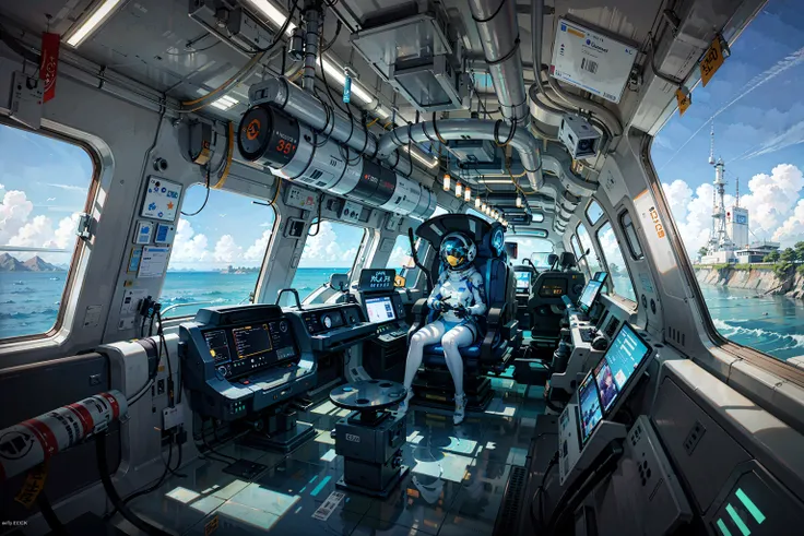 fish, underwater,1girl, (far shot), masterpiece, best quality, aqua theme, (solo), look sideways, dim light, cables and tubes, large window, (blue astronaut suit), (science_fiction), spaceship cockpit, universe, neon lights, cyberpunk, far shot, side view, aquatic, far shot, visor, sea at one side and space at the other side, <lora:epiNoiseoffset_v2:1>