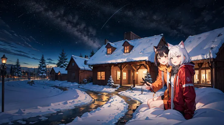 masterpiece, high quality background, night, nightsky background, modern city, cityscape, winter, wallpaper, 2girls, walking, on street
AND masterpiece, high quality, background, scenery, night, nightsky background, stars, buildings, modern city, winter
AND masterpiece, best quality, 2girls, fluffy cat ears, black hair, short hair, orange jacket, cold, detailed face
AND masterpiece, best quality, 2girls, fluffy cat ears, white hair, short hair, red jacket, cold, detailed face