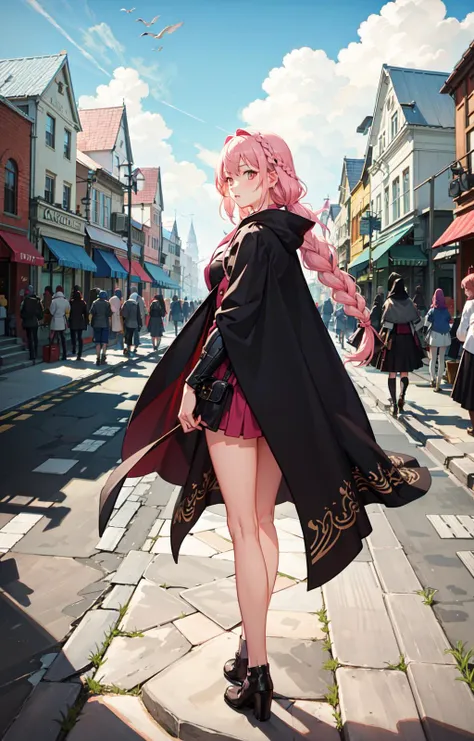 masterpiece, best quality, adventurer, miniskirt, cloak, crowded street, (fantasy setting), sunny day, pink hair, braid, long hair, pink eyes, looking back, accesories, main street, ((wide street)), medieval, paved, mage