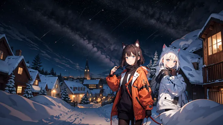 masterpiece, high quality background, night, nightsky background, modern city, cityscape, winter, wallpaper, 2girls, walking, on street
AND masterpiece, high quality, background, scenery, night, nightsky background, stars, buildings, modern city, winter
AND masterpiece, best quality, 2girls, fluffy cat ears, black hair, short hair, orange jacket, cold, detailed face
AND masterpiece, best quality, 2girls, fluffy cat ears, white hair, short hair, red jacket, cold, detailed face