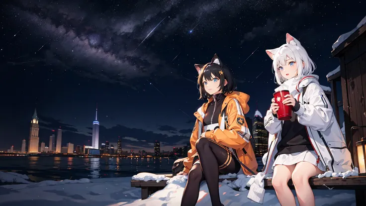 masterpiece, high quality background, night, nightsky background, modern city, cityscape, winter, wallpaper, 2girls, walking, on street
AND masterpiece, high quality, background, scenery, night, nightsky background, stars, buildings, modern city, winter
AND masterpiece, best quality, 2girls, fluffy cat ears, black hair, short hair, orange jacket, cold, detailed face
AND masterpiece, best quality, 2girls, fluffy cat ears, white hair, short hair, red jacket, cold, detailed face