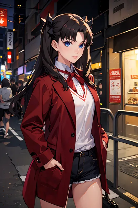 (masterpiece:1.4), (best quality:1.4), realistic, 1girl,
fate \(series\), fate\/stay night, tohsaka rin,
black hair, black ribbon, hair ribbon, blue eyes, twintails,
shirt, short shorts, long coat,
tokyo street,