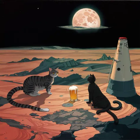 A cat enjoying a beer on the lunar surface, surrounded by rocky terrain, desolate and otherworldly landscape, art by Gary Larson