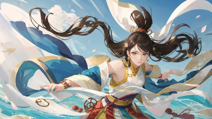 oval face,(fine fingers),seductive eyes,small mouth,woman,hanfu,wuxia,KungFu,wushu,anime:0.6,
long or ringlets hair,black,browm,beige,
bracelet,earrings,knots,
fine art,minimal,backlight,looking afar,light spots,
petals,water,wind,breezing,splashes,pounch,pose,
<lora:pastelMixStylizedAnime_pastelMixLoraVersion:0.5>