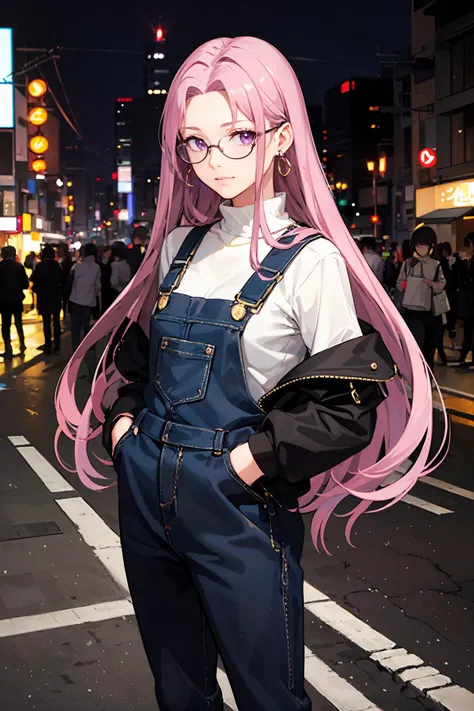 (masterpiece:1.4), (best quality:1.4), realistic, 1girl, fate \(series\), fate\/stay night, medusa \(fate\), medusa \(rider\) \(fate\),
glasses, purple hair, parted bangs, parted hair, straight hair, very long hair, purple eyes,
long overalls, sneakers, hands in pocket, earrings, jewelry, bangles, leaning, waiting,
tokyo street,