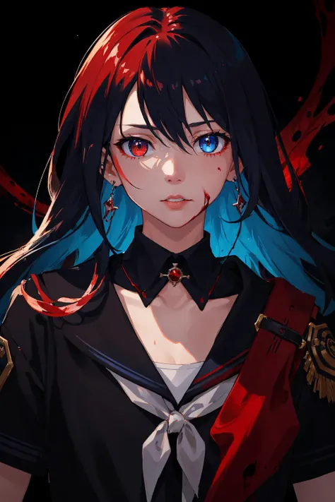 masterpiece, best quality, 1girl, skinny, depressed, realistic scars on the face, brunette hair, piercing look, blue eyes, school uniform, (inside of blood flow1.2), two-faced, one part is maniac with red eyes and hair, uniform covered with blood, other with blue hair and eyes, uniform is clean
8k wallpaper, finely detailed beautiful face and eyes
(abstract beauty, blood strokes, chaotic strokes and colorful red waves:1.2), extremly detailed CG, concept art, absurd, splash art, intense atmosphere, cinematic lighting and shadows, wide angle