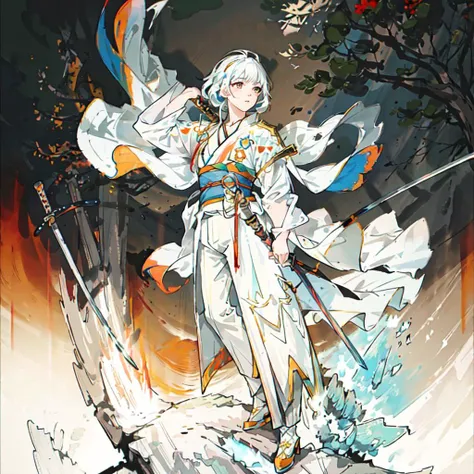 ultra 8k cg, watercolor, picture-perfect face, flawless, clean, masterpiece, professional artwork, famous artwork, cinematic lighting, cinematic bloom, 1 adult, fullbody, white hair, (colorful suit:1.5), sheath, (holding sword:1.3), unsheathing, (on the top of mountain:1.5), dragon, (holding sword:1.3), ((dramatic lighting)),sharp focus, open kimono, fancy trench coat,fighting ,colorful background, flame