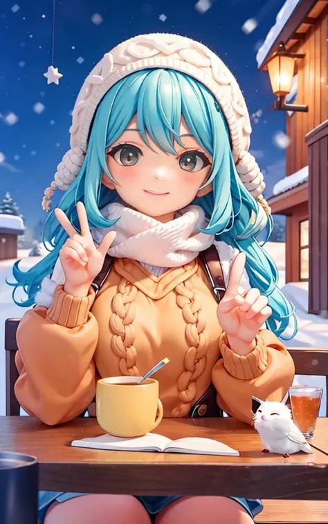 upper body, 1girl, solo, nice hands, perfect hands, outdoors, right hand doing peace sign, left hand resting on table, night, puffy sweater, scarf, cold, winter <lora:blindbox_V1Mix:1.1>