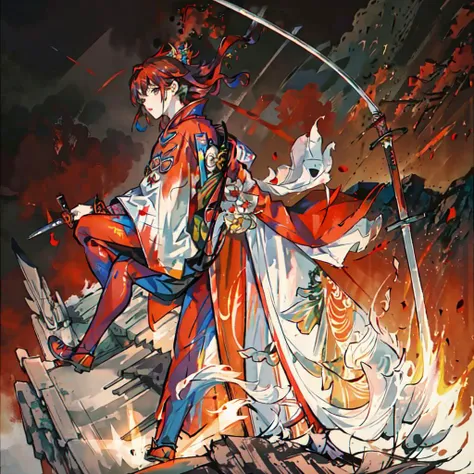 ultra 8k cg,  watercolor, picture-perfect face, flawless, clean, masterpiece, professional artwork, famous artwork, cinematic lighting, cinematic bloom, 1 adult, full body, red hair, (colorful suit:1.5), (on the top of mountain), sheath, 1 sword, (holding sword:1.3), unsheathing, (on the top of mountain:1.5), dragon, ((dramatic lighting)),sharp focus, open kimono, fancy trench coat, (fighting stance:1.3),colorful background, flame