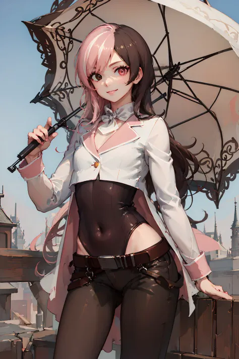 (masterpiece, best quality:1.2), <lora:rwby_neopolitan-10:1>, solo, 1girl, neopolitan, smile, closed mouth, looking at viewer, holding, parasol, heterochromia, brown eyes, pink eyes, jacket, leotard, leotard under clothes, pants, belt