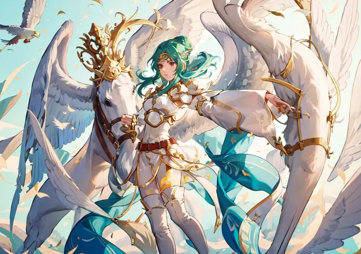 1girl, solo, <lora:elincia-fef>, elincia fe,  white dress, armor, thigh boots, belt, holding sword, serious, intense, (pegasus), wings, castle background