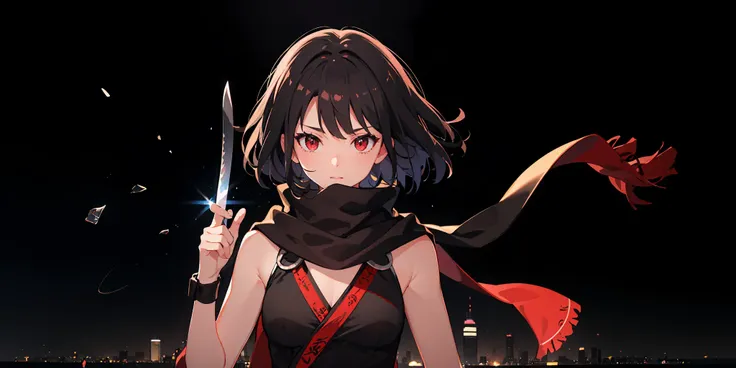 upper body, 1girl, black hair, short haircut, red eyes, (ninja), short sword, medium breats ,scarf, wallpaper, ((magic city background)), light particles, red fire,