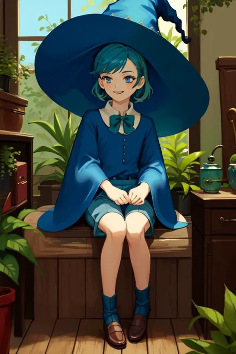 masterpiece, best quality, 1boy, witch, vintage clothingm blie shirt, blue shorts, blue huge witch hat, green hair, surrounded with plants, sitting, sideview, cute, smiling, portrait, colorful, bright, <lora:GoodHands-beta2:1> <lora:sunAndShadow_v10:1>