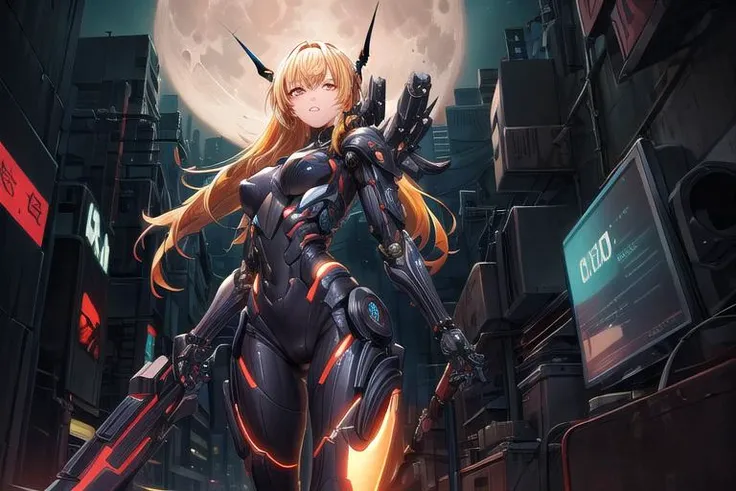 night, bright neon colors, cyborg girl, gradient red and yellow hair blowing in the wind, detailed cyber heavy armor, glowing armor, cybernetic limbs, dynamic angle, (cyberpunk:1.1), best quality, hires, depth of field, detailed background, diffused skin glow, manhattan, moon, cyber guns, <lora:add_detail:1.5>