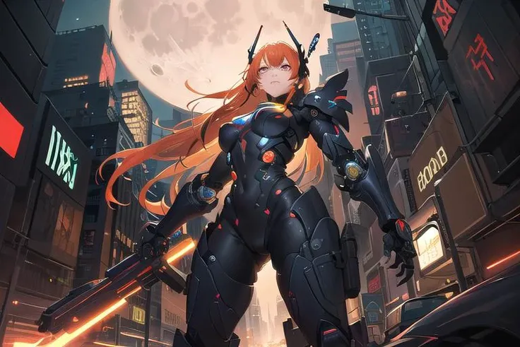 night, bright neon colors, cyborg girl, gradient red and yellow hair blowing in the wind, detailed cyber heavy armor, glowing armor, cybernetic limbs, dynamic angle, (cyberpunk:1.1), best quality, hires, depth of field, detailed background, diffused skin glow, manhattan, moon, cyber guns, <lora:add_detail:0.0>