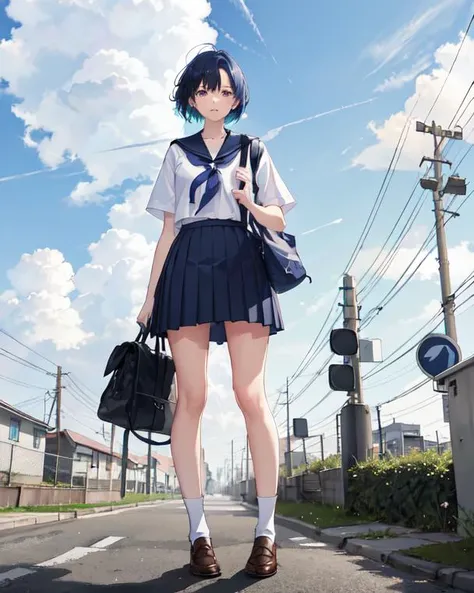 4k,neon, best quality, hyper detail,1girl, , cloud, bag, short hair, outdoors, skirt, school uniform, school bag, white shirt, blue sky,full body, short sleeves, power lines, cloudy sky, standing, hand in pocket, cumulonimbus cloud, sailor collar, tree, light particles