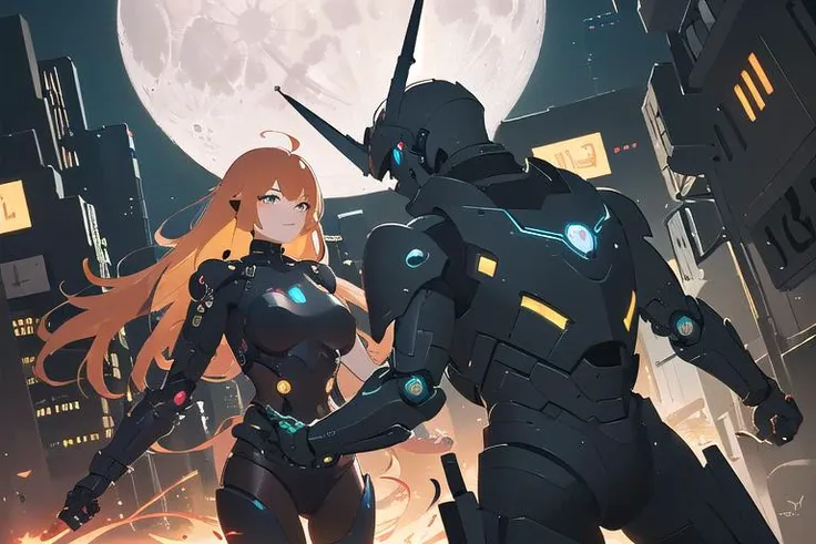 night, bright neon colors, cyborg girl, gradient red and yellow hair blowing in the wind, detailed cyber heavy armor, glowing armor, cybernetic limbs, dynamic angle, (cyberpunk:1.1), best quality, hires, depth of field, detailed background, diffused skin glow, manhattan, moon, cyber guns, <lora:add_detail:-1.5>