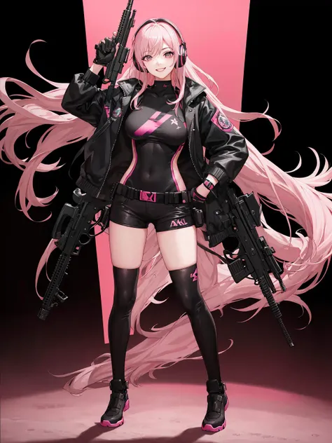shooting stance, dynamic movement, (((dynamic posture))), dynamic gesture, detailed face, (big breasts: 0.5), (masterpiece, top quality, beautiful and aesthetic:1.2), highest detailed, big smile, 1 girl, solo, pink_wavy_hair, full body, high quality AK-47, <lora:BetterGuns-V1:0.5>, (cyberpunk), balck_and_pink_headset, black and pink overfit jaket, aiming_pink_rifle, (black and pink background), (casual_fashion), small head