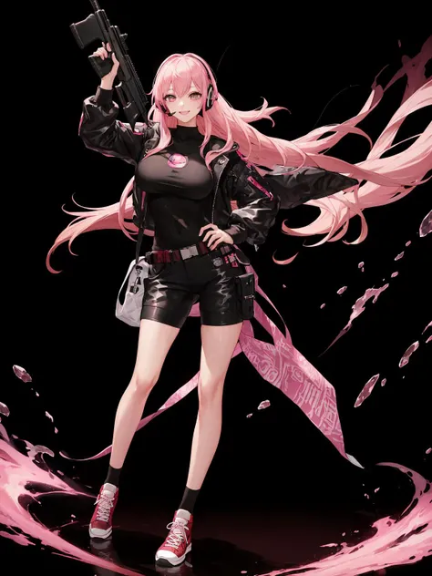 shooting stance, dynamic movement, (((dynamic posture))), dynamic gesture, detailed face, (big breasts: 0.5), (masterpiece, top quality, beautiful and aesthetic:1.2), highest detailed, big smile, 1 girl, solo, pink_wavy_hair, full body, converse, high quality AK-47, <lora:BetterGuns-V1:0.5>, (cyberpunk), pink_headset, aiming_pink_rifle, black and pink background, casual_fasion