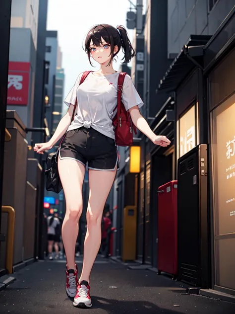 (masterpiece:1.2, best quality),dynamic lighting, full body, looking at another, from front,
 1girl, solo, foxy eye makeup, body detail, face detail , (small breasts), low ponytail, tied hair, short hair, glowing skin,
oversized sport shirt, shorts women, small backpack,
shy, Shibuya in background ,