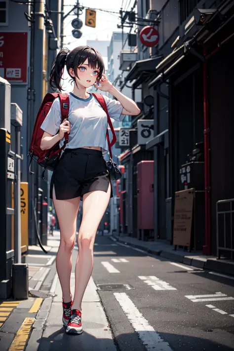 (masterpiece:1.2, best quality),dynamic lighting, full body, 
 1girl, solo, foxy eye makeup, body detail, face detail , (medium breasts), low ponytail, tied hair, short hair, glowing skin,
oversized sport shirt, shorts women, small backpack,
shy, hands on backpack, Shibuya in background ,