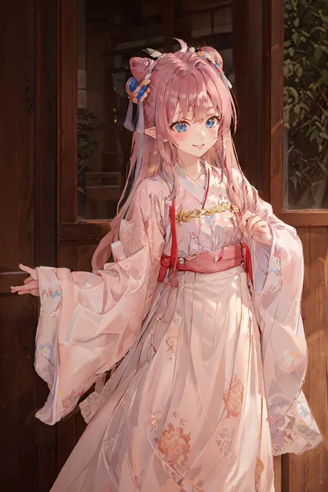 masterpiece, best quality, extremely detailed, detailed background, detailed face, anime, illustration, 1girl, (pink hair, hair buns, very long hair, wavy hair, messy hair:1.3), blue eyes, pointy ears, parted lips, smile, blush, light rays, sunlight, glow, shiny, long upper shan, waistband, pibo, chest po skirt, upper body, tang style outfits, jumping, child, small girl,hanfu,tang style <lora:hanfu_v30:0.6>