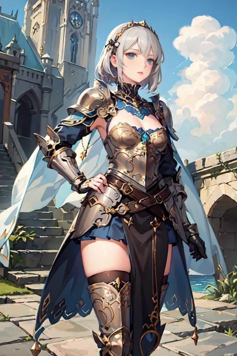 (masterpiece:1.2), best quality, absurdres, high detail, sharp focus, highly detailed face and eyes, (photorealistic:1.2), (full body shot:0.5), sister, mature female, charming face, (grey hair:1.2), short hair, hair accessories, shy, well drawn hands, armored, (metal thigh high:1.4), wearing War_Glam, War_Glam, helmet, (dark gold|blue outfit armor:1.2), <lora:war_glamv1.1:0.6>, <lora:angelicWairrorsValkyrie_v1:0.6>, sexy pose, seduction, paladin, knight, valkyrie, captain, fantasy, summer lights, god rays, ancient city, castle, palace, garden, decorations, outdoor, daylight, standing, random angle,