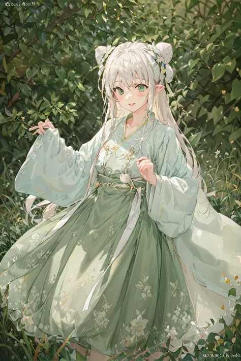 masterpiece, best quality, extremely detailed, detailed background, detailed face, anime, illustration, 1girl, (white hair, hair buns, very long hair, wavy hair, messy hair:1.3), green eyes, pointy ears, parted lips, smile, blush, light rays, sunlight, glow, shiny, long upper shan, waistband, pibo, chest po skirt, upper body, tang style outfits, jumping, , small,hanfu,tang style <lora:hanfu_v30:0.6>