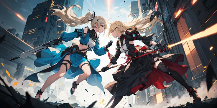 (masterpiece:1.1), (2 anime girls:1.1), high resolution, high contrast, (slow motion:1.3), vivid color, soft lighting, glowing skin, dystopia,2 girls on battle field,(close battle:1.2), beautifuldetailedeyes, eye contact, an extremely delicate and beautiful art, full body, maxi skirt with slit on one side only, mechanical and magical luminescence weapons,
multiple rays and particles,
One girl is a light blonde hair red dyed ends and the other girl is a light gray hair blue dyed ends,annoyed