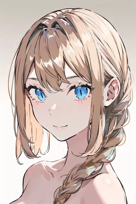 <lyco:GoodHands-beta2:1.0>,
solo, soft smile, light smile, facing viewer, portrait, eye focus,
1girl, blue eyes, long blonde hair, french braid, bangs, medium breasts,
nude, 
masterpiece, best quality, <lora:cateyes_lora01:1.3>, cateyes