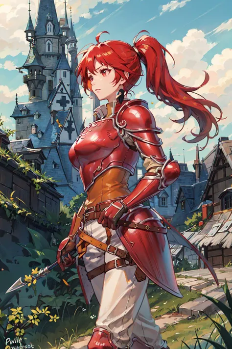 <lora:Jill_FE-10:.7>, jill fe, long hair, gloves, ponytail, boots, belt, pants, armor, shoulder armor, pauldrons, breastplate, red armor, backlit, silhouette, back lighting, from side, foreshortening, walking, castle, cobblestone, grass