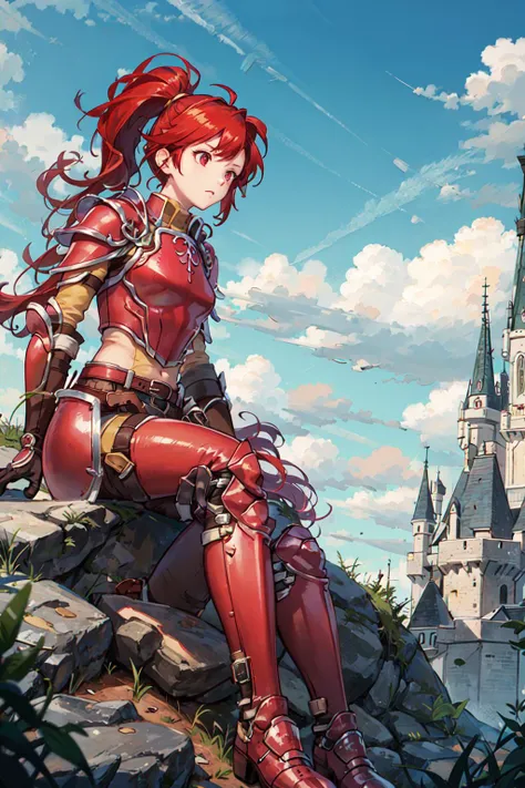 <lora:Jill_FE-10:.7>, jill fe, long hair, gloves, ponytail, boots, belt, pants, armor, shoulder armor, pauldrons, breastplate, red armor, backlit, silhouette, back lighting, from below, foreshortening, sitting down, castle, cobblestone, grass