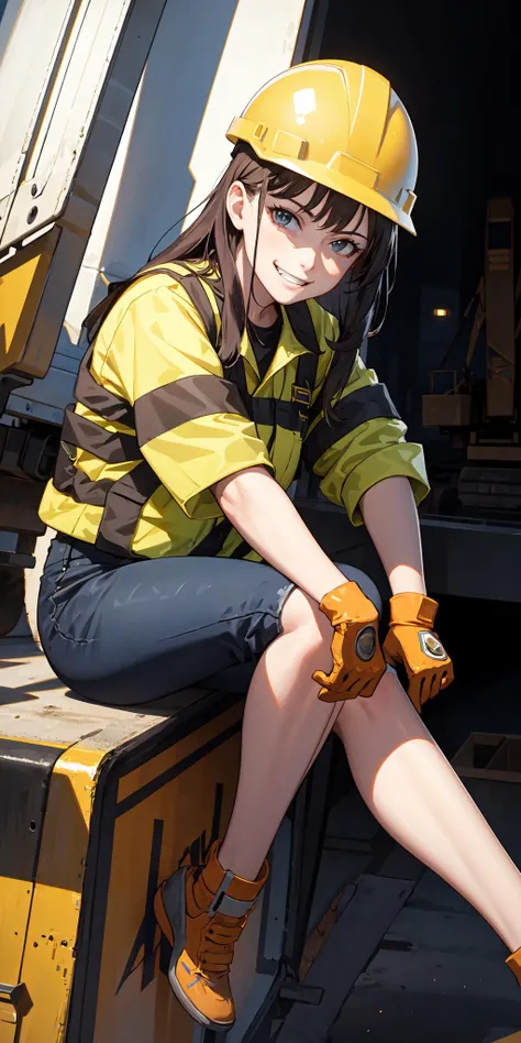 (masterpiece:1.2), high resolution, 4k, beautiful and detailed art, realistic lighting and shadowing, 1 girl, evil grin face, a construction worker girl riding on a crane truck, helmet, construction site