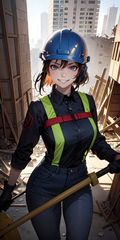 (masterpiece:1.2), high resolution, 4k, beautiful and detailed art, realistic lighting and shadowing, 1 girl, evil grin face, a worker girl is having a big sledgehammer, demolition work on a building,  helmet, construction site