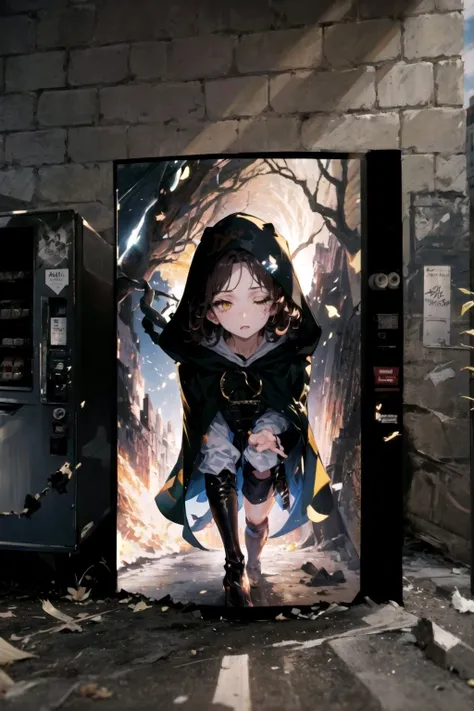 (masterpiece, best quality,high resolution:1.2), [<lora:VendingMaschine:0.95>::45] ,Melina (climbing out of VendingMaschine, vending machine:1.1), cloak, hooded cloak, boots, hood up , [[<lora:Melina:0.9>::50]:5],