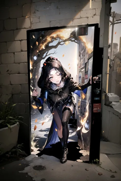 (masterpiece, best quality,high resolution:1.2), [<lora:VendingMaschine:0.95>::45] ,VendingMaschine, Melina (climbing out of vending machine:1.1), cloak, hooded cloak, boots, hood up , [[<lora:Melina:0.9>::50]:5],