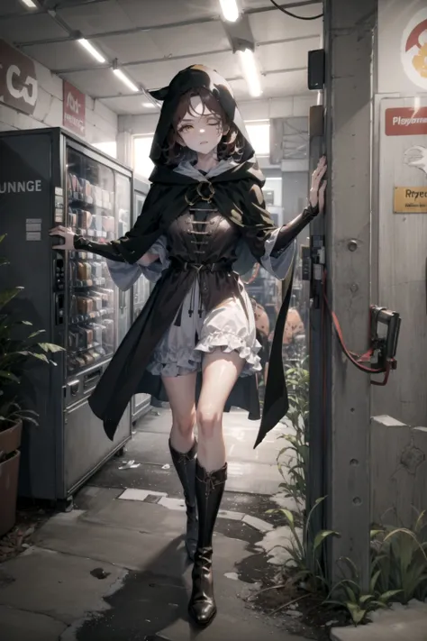 (masterpiece, best quality,high resolution:1.2), <lora:VendingMaschine:0.6> ,VendingMaschine, Melina (climbing out of vending machine:1.1), cloak, hooded cloak, boots, hood up , <lora:Melina:1>,