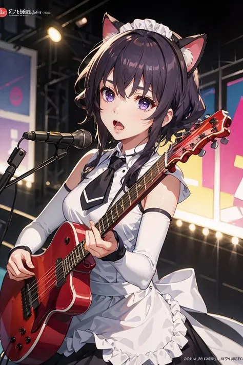 (masterpiece, best quality, colorful, dynamic angle, highest detailed:1.2)  upper body,   
michiru hyodo,
purple hair, short hair with long locks, purple eyes
maid headdress, fake animal ears, cat ears, detached sleeves, black necktie, apron, skirt, white thighhighs
floating hair,  ((on the stage, holding instrument, guitar )),  
open mouth, singing a song, 
in dynamic pose, bokeh, 
light passing through hair, colorful art background, (official art, extreme detailed, highest detailed),
<lora:michiru_hyodo_v1:0.7> <lora:edgHitMeBaby1:0.3>