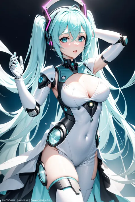 1girl, cute, (vocaloid), ((Hatsune Miku)), ((blue teal hair)), (long hair), (pastel colors:0.9), (blue beautiful eyes), (gradient hair), (gradient eyes), (((masterpiece, best quality, volumetric lighting, dynamic pose, intricately detailed face))), ((perfect eyes)), (((looking at the viewer))), ((summer)), ((perfect details)), ((light particles)), ((scenery)), ((Garden)), ((illustration, aesthetic)), flowers covering one eye, ((robotic dress)),